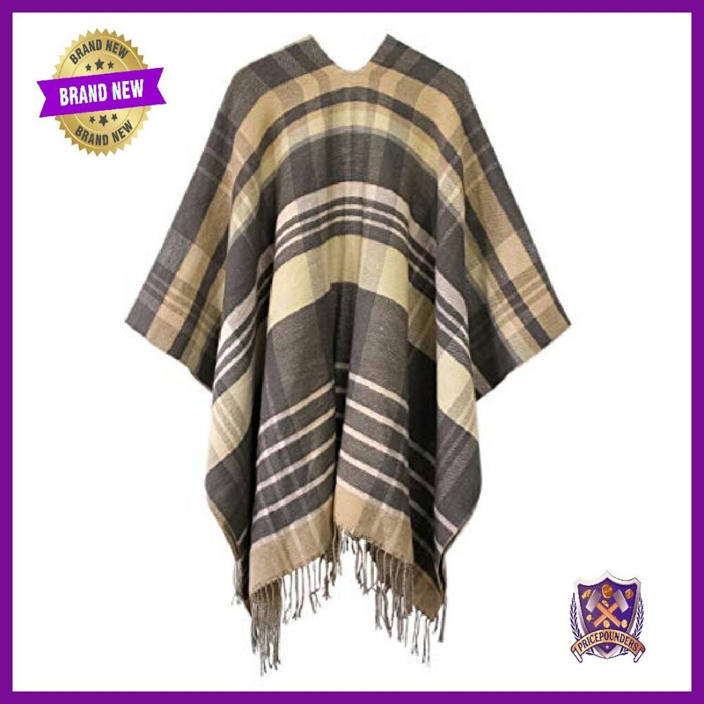 Oversized Winter Poncho Cape Shawl Wrap Cardigan Coat Tassel Hem - Picture 3 of 8